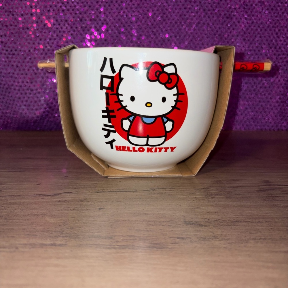 Hello Kitty Ceramic Ramen Bowl w/ Chopsticks Pink White Sanrio 20oz Kawaii